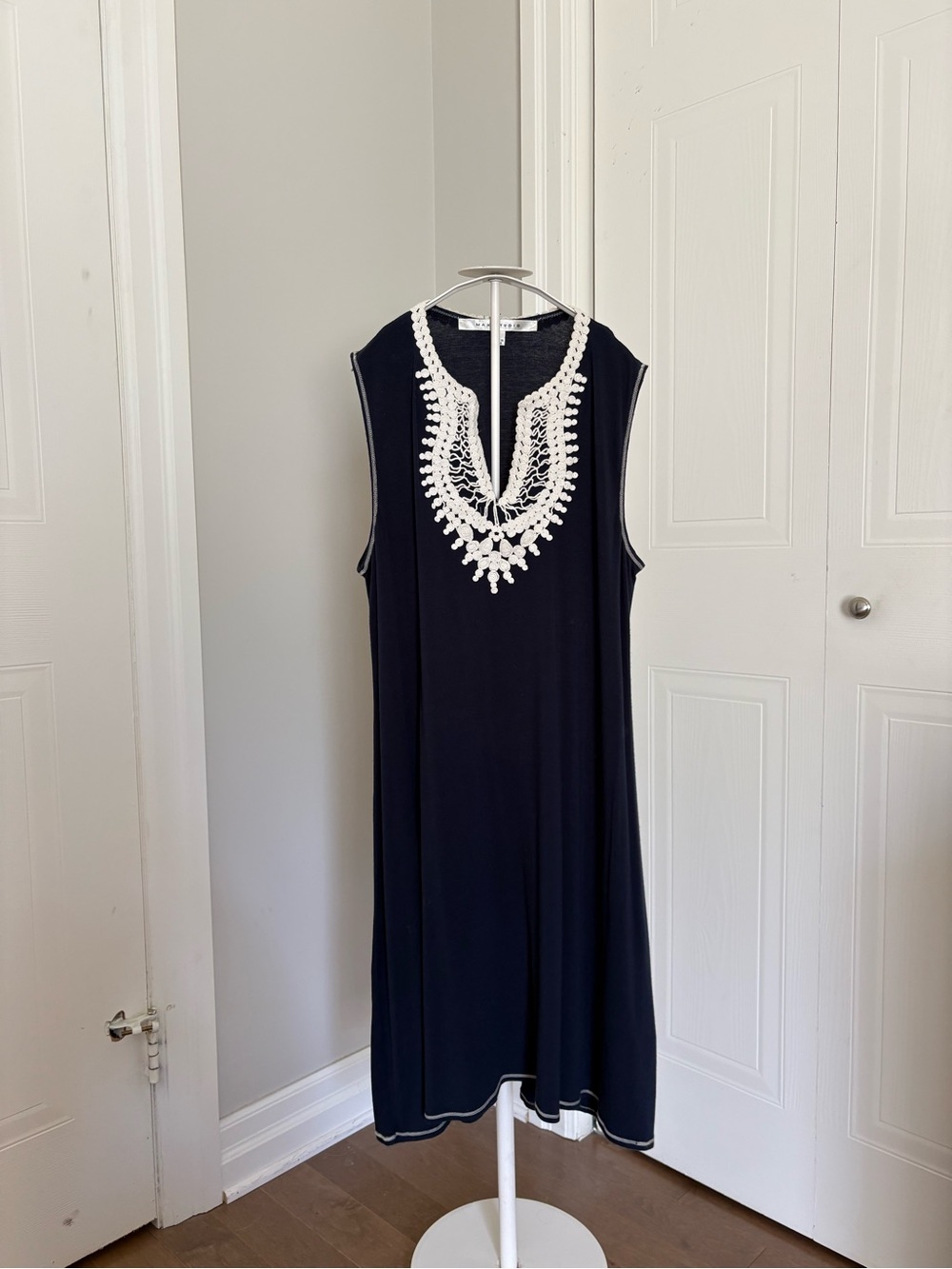 Max Studio Navy Dress with White Crochet Trim